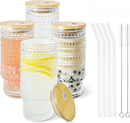 Glass Cups with Lids and Straws 16 oz Hobnail Drinking Glasses | Vintage Iced by ICESIP