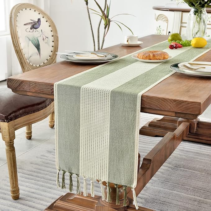 Wracra Linen Table Runner, Stripe Table Runners 72 Inches Sage Green | Delicate - Image 5