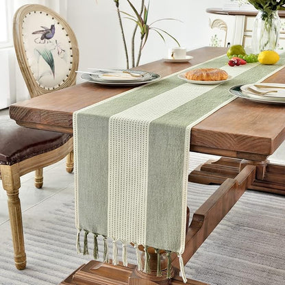 Wracra Linen Table Runner, Stripe Table Runners 60 Inches Sage Green | Delicate - Image 5