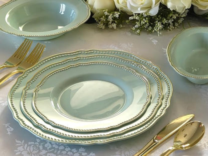 " OCCASIONS " 50 Plates Pack (25 Guests)-Heavyweight Wedding Party Disposable Plastic Plate Set -25 x 10.25'' Dinner + 25 x 7.5'' Salad/dessert plates (Rochelle Seafoam/Mint and Gold))
