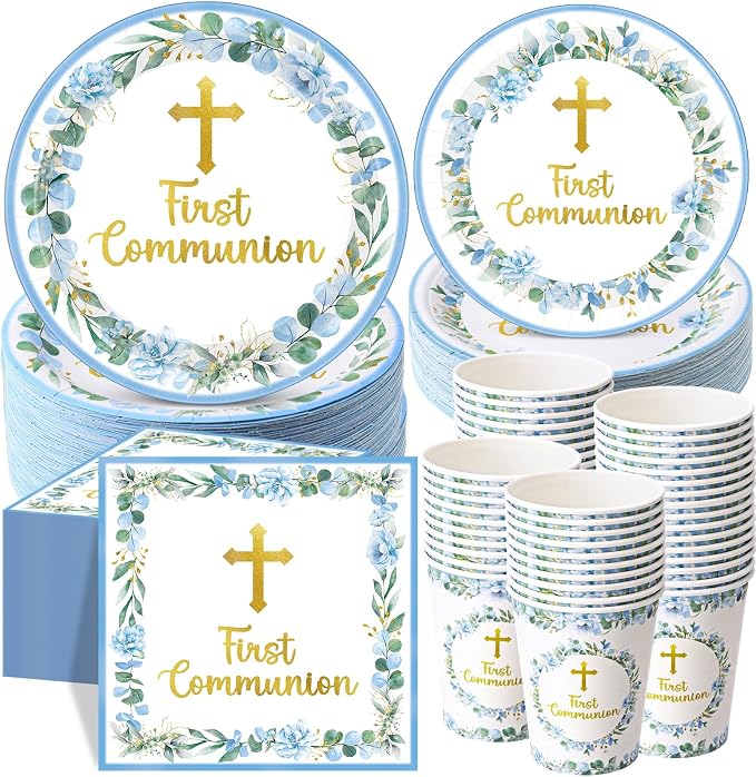 Pickmesh 250 Pcs Blue First Holy Communion Disposable Tableware Set God Bless by Pickmesh
