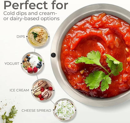 Vora 35oz Stainless Steel Chilled Serving Bowl - 1 Pack Insulated Serving Bowl with Anti Slip Base, Funnel & Plugs to Keep Dips, Salads & Appetizers Cold - Ice Bowls to Keep Food Cold for Parties