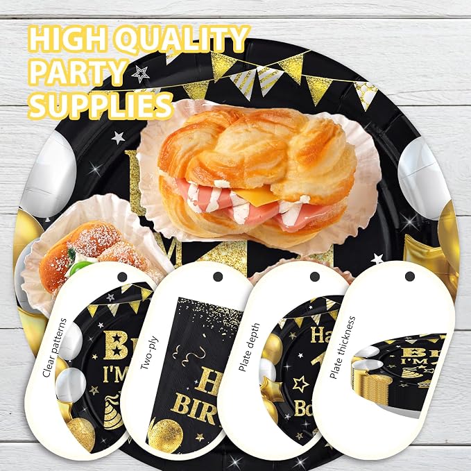 96 Pcs Bruh 14th Birthday Party Black Gold Decorations, Serves 24 | Black Gold - Image 6