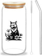 Cute Fox Glass Cup With Lids And Straws, Fox Gift For Women, Iced, Coffee, Smoothie, Cocktail, Beer, Whiskey, Soda, Matcha,16 Oz, Home Office Table Desk Decoration!