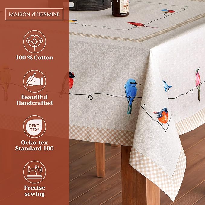Maison d' Hermine Table Cloth Square Table 100% Cotton 54 x 54 Inches Tablecloth Reusable Decorative for Dining Room Farmhouse Home Valentines Day Decorations Spring Summer - Birdies on Wire
