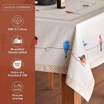 Maison d' Hermine Table Cloth Rectangle Table 100% Cotton 70 x 108 Inches Tablecloth Reusable Decorative for Dining Room Farmhouse Home Valentines Day Decorations Spring Summer - Birdies on Wire