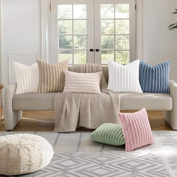 decorUhome Cozy Faux Fur Throw Pillow Covers 24x24 Set of 2 Decorative Soft Plush Striped Modern Farmhouse Boho Couch Euro Sham Pillow Cases with Velvet Back for Sofa Bed Living Room, Beige