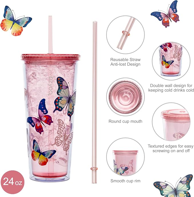 bzyoo 24oz Plastic Tumbler Cup, Lid & Straw, Iced Coffee, dishwasher safe - Image 3