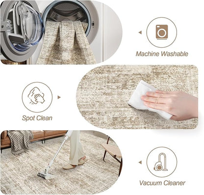 9x12 Area Rugs for Living Room, Non Slip Machine Washable Vintage Rugs, Low Pile Lightweight Large Rug for Bedroom, Dining Room, Home Office Brown