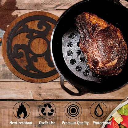 Cast Iron with Wood Trivet, Metal Trivets for Hot Dishes, Decorative 8-inch Round Kitchen Hot Pad, with Vintage Pattern for Serving Pot, Plates & Teapot on Kitchen Countertop or Dinning Table(Black)