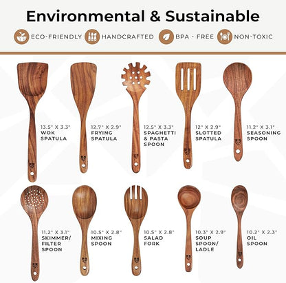 Wooden Spoons for Cooking – 10 Pc Teak Wood Utensil Set, Durable, Nonstick Safe & Heat Resistant with Ergonomic Handles