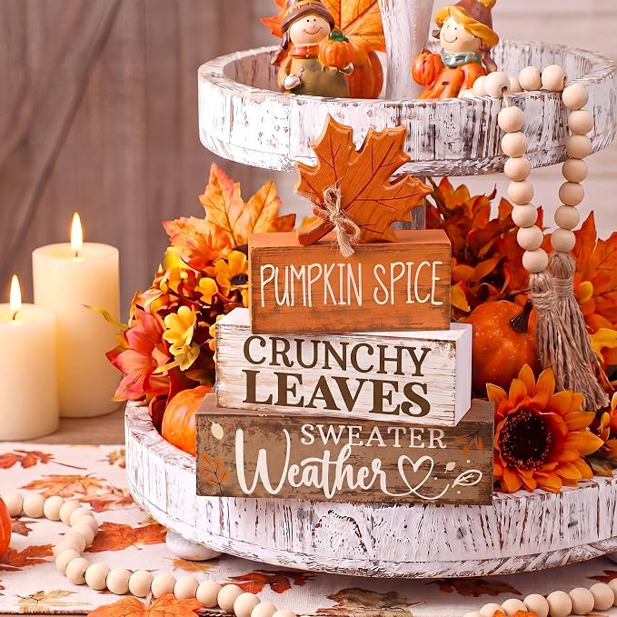 Moucuny 4 Pcs Fall Decor Wooden Maple Leaf Decoration Thanksgiving Tiered Tray - Image 2