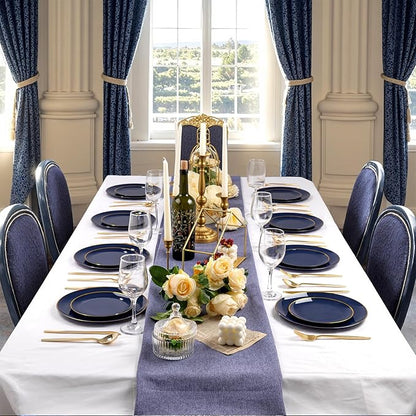 bUCLA 100PCS Blue Plastic Plates - Navy Blue Disposable with Gold Rim, Include 50 Each (10 inch Dinner & 7 inch Dessert) Plates, Ideal for Party and Hanukkah