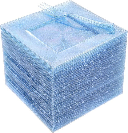 DaYammi 200 Pcs Blue Glitter Dessert Plates Including 100Pcs Appetizer Plates,100Pcs Plastic Forks,Blue Plastic Square Plate for Party,blue Disposable plates and Cake forks for Birthday Party Wedding