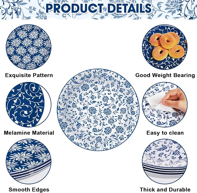 4 Set 10 Inch Blue White Porcelain Dinner Plates Melamine Blue White Floral - Image 3