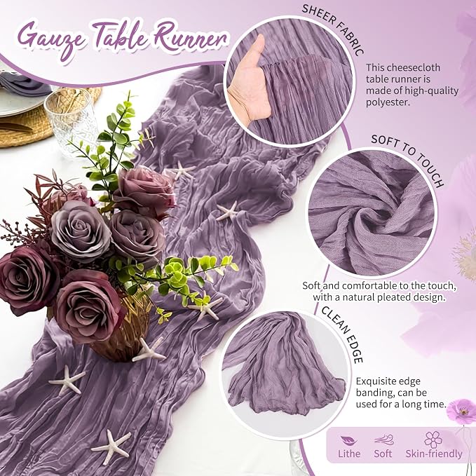 Showgeous 4 Pack Purple Cheesecloth Table Runner, 17 x 108 Inches | Boho - Image 3
