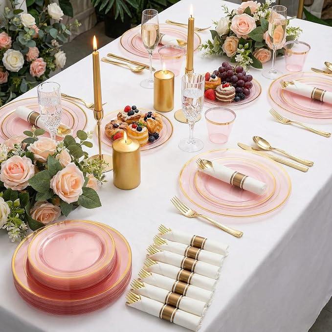 WELLIFE 210Pcs Clear-Pink Plastic Dinnerware- Pink and Gold Plastic Dinnerware - Image 5