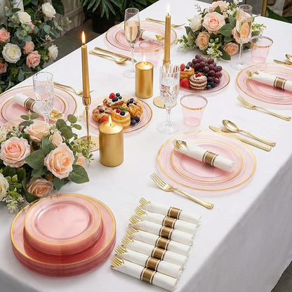 WELLIFE 350Pcs Clear-Pink Plastic Dinnerware- Pink and Gold Plastic Dinnerware - Image 4