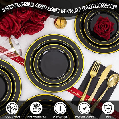 GATHER 350PCS Black Plastic Plates - Black and Gold Disposable Dinnerware Set Include 100 Plates, 150 Gold Silverware, 50 Napkins, 50 Cups for Party & Wedding & Birthday