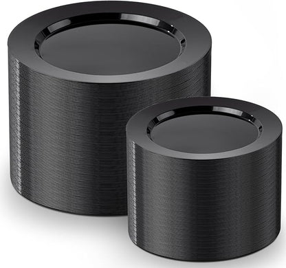 FLOWERCAT 200PCS Black Plastic Disposable Plates for Party - Black Plastic Plates - Serve for 100 Guests for New Year Parties and Birthday Events