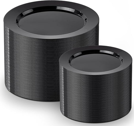 FLOWERCAT 200PCS Black Plastic Disposable Plates for Party - Black Plastic Plates - Serve for 100 Guests for New Year Parties and Birthday Events
