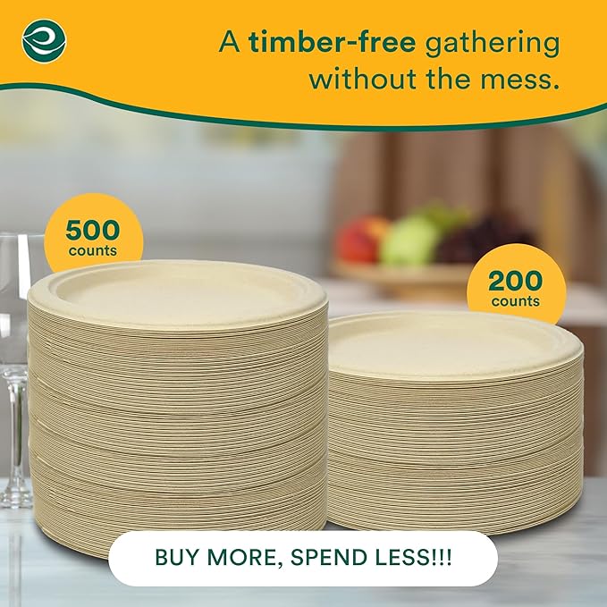 ECO SOUL 100% Compostable 10 Inch Paper Plates 200 [2x100 Pc] Disposable Party Plates I Heavy Duty Eco-Friendly Sturdy Dinner, Wedding, Event Plates I Biodegradable Unbleached Sugarcane Eco Plates