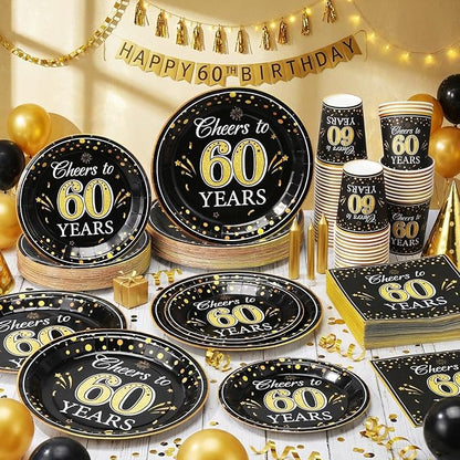 Pickmesh 250 Pcs 60th Birthday Disposable Tableware Set Black and Gold Cheers to 60 Years Disposable Paper Plates Napkins and Cups for 60th Birthday Wedding Anniversary Party Supplies Decorations