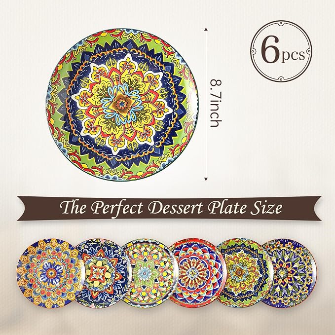 Colorful Ceramic Plate Set of 6 – 8.7 Inch Bohemian Porcelain Plates - Image 2