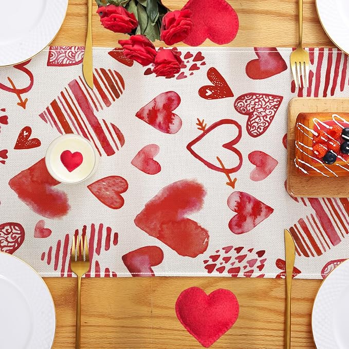 Valentine's Day Table Runner Decorations, Linen Red Table Scarf - Image 7