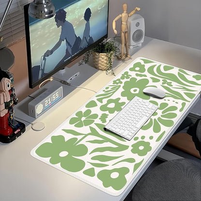 iCasso Desk Mat, XXL Large Anti-Slip Mouse Pad with Stitched Edges, Keyboard Mat for Work, Gaming (Green Flowers)