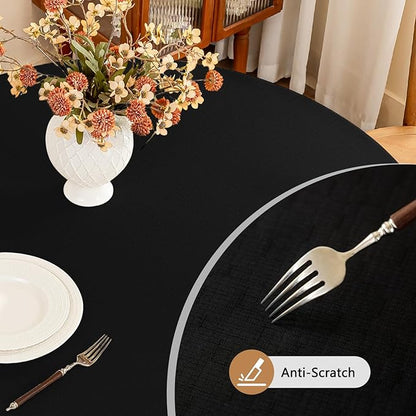 Textured 60 Inch Black Fabric Round Table Cloth, Faux Linen Water Resistant & Wipeable Circle Tablecloth, Washable for Dinning Kitchen Patio