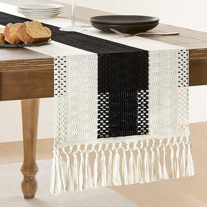 Macrame Style Bicolor Stitching Table Runner 14x60in Black | Woven Boho Table by ZEEMARTONLINE