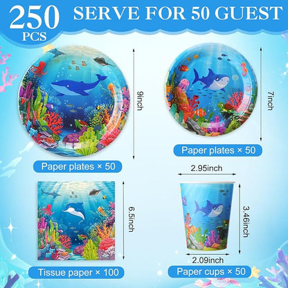 Pickmesh 250 Pcs Under The Sea Party Supplies Ocean Theme Paper Plates Napkins - Image 2