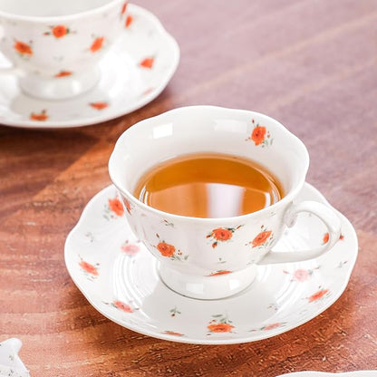 6oz Floral Porcelain Tea Cup & Saucer Set of 6, Rose Pattern | Elegant rose tea - Image 6