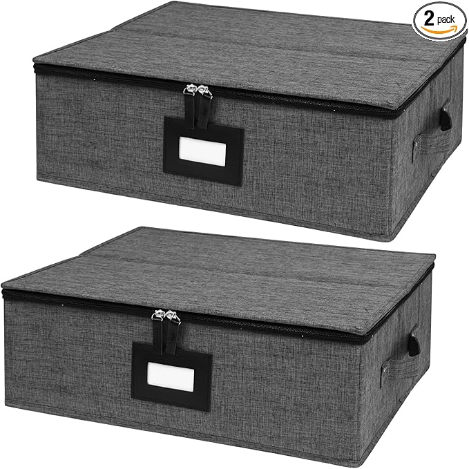 China Storage Containers 2 Pack, Platter Storage Containers 17" x 13" x 6" for Dinnerware Storage and Transport, 5 Felt Dividers Included, Structured Top and Stackable (Black)