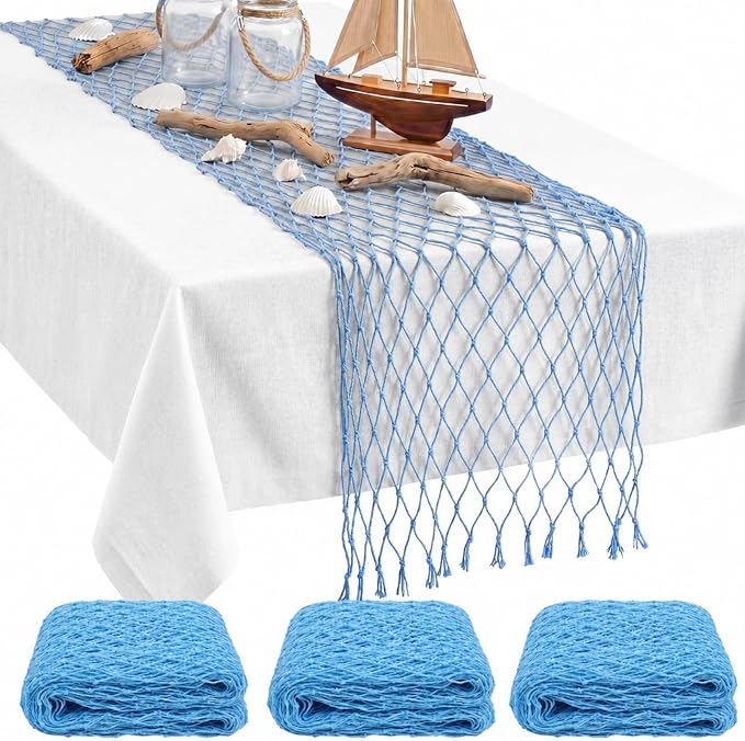 SATINIOR 3 Pcs 12 x 72'' Fishing Net Table Runner Party Decoration, Light Blue by SATINIOR