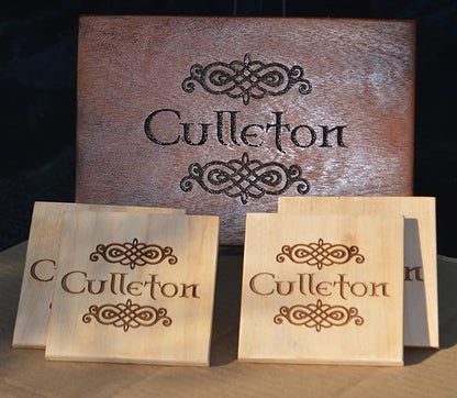 Personalized Wooden Coasters with Monogram, Wedding Date Engraved, Family Name- Choice of Wood (Celtic Name)