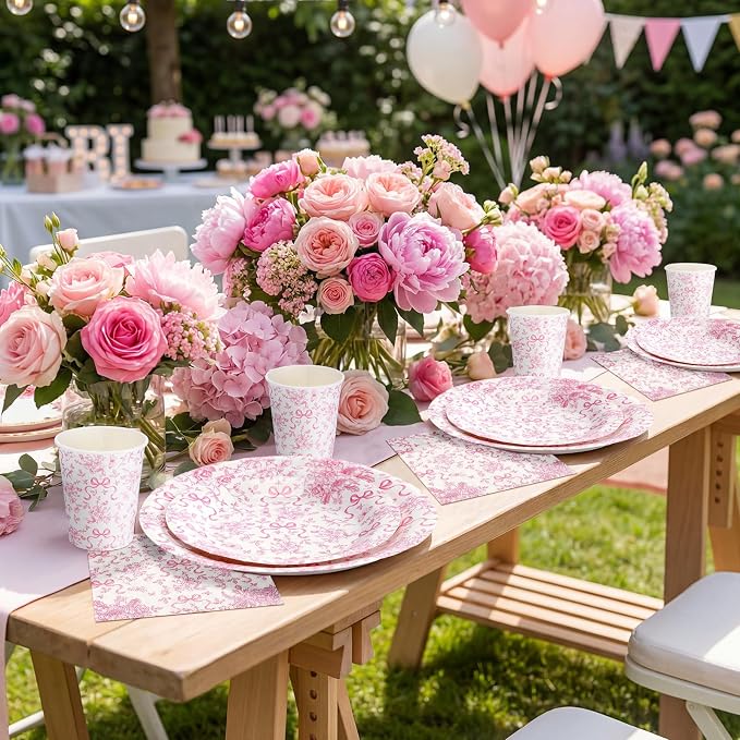 LemonRoad 150 Pcs Pink Bow Floral Disposable Plates and Napkins Bow Coquette - Image 7