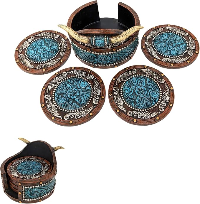 BestGiftEver Rustic Southwestern Coasters Set | Faux Horn & Tooled by BestGiftEver