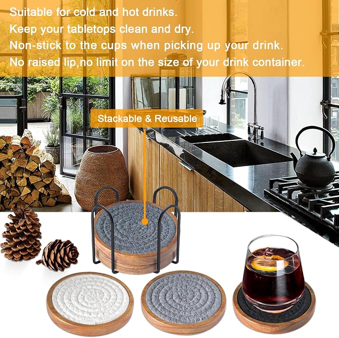 Wood Coasters for Drinks, Eykao Absorbent Coaster Sets of 5, Woven Drink - Image 3