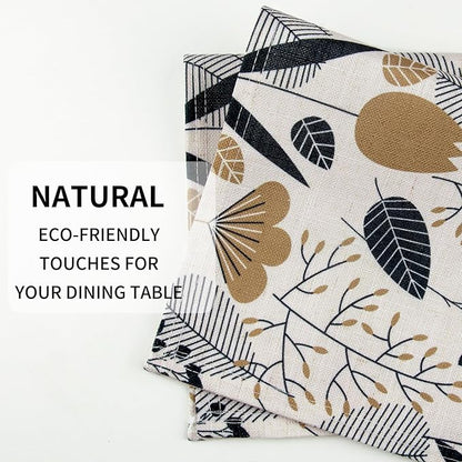 QIYI Boho Placemats Set of 6, 12x18 Inch Linen Fabric Place Mats for Kitchen Dinning, Farmhouse Rustic Graphic Leaves Cloth Table Mats, Brown Washable Placemat Party Table Décor, Botanical Line Art