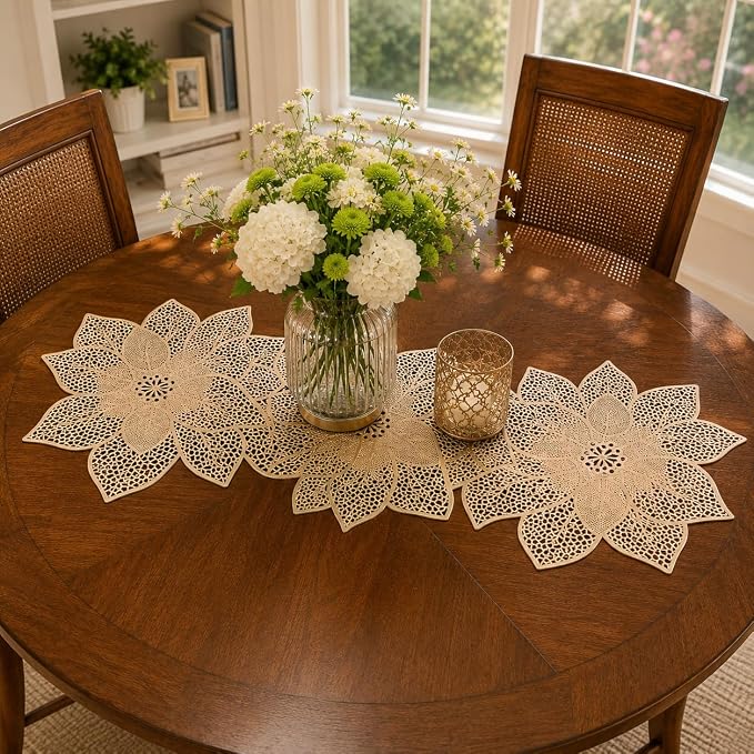 FAVE Gold Table Runner 36 Inches Flower Shaped Dining Table Runner | Waterproof - Image 4
