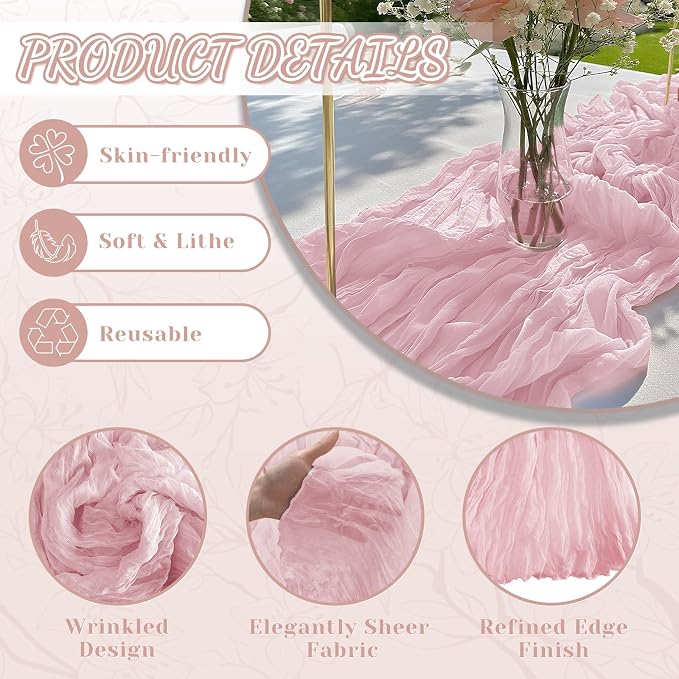 2 Pack Cheesecloth Table Runner, 120 Inch Pink Table Runner - Image 3