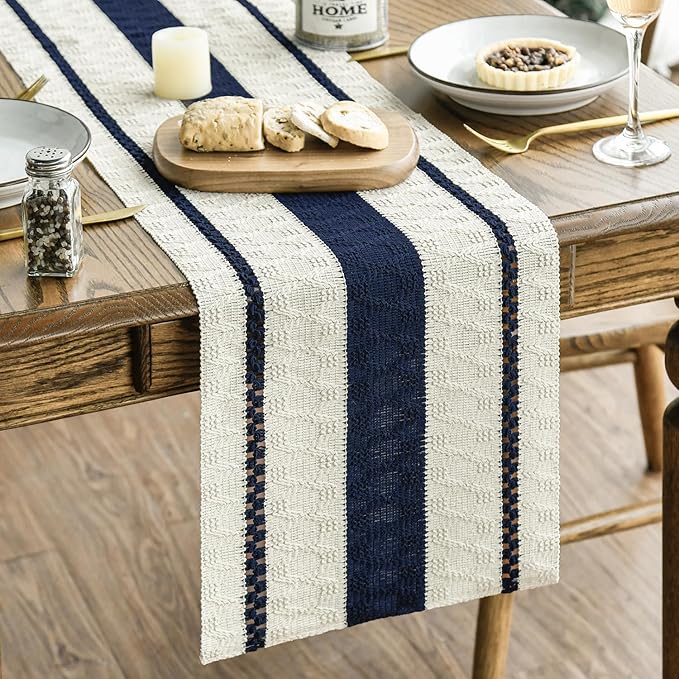 Artoid Mode Dark Blue Rustic Woven Table Runner 12x36 Inch | Holiday Farmhouse by ArtoidMode
