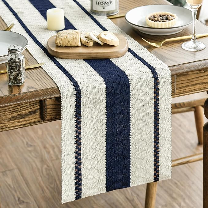 Artoid Mode Dark Blue Rustic Woven Table Runner 12x48 Inch | Holiday Farmhouse by ArtoidMode
