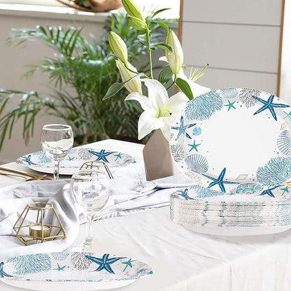 50Pcs Christmas Coastal Oval Paper Plates 10" x 12" Large Disposable Heavy Duty Blue Ocean Coral Starfish Seashell Platters Beach Sea Plate for Merry Xmas Holiday Dinner Birthday Table Party Supplies