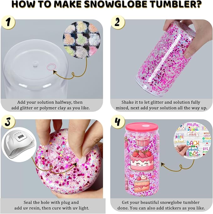 16 Oz Plastic Snowglobe Tumbler, 4 Pack Pre-Drilled Double Wall Plastic Clear - Image 5