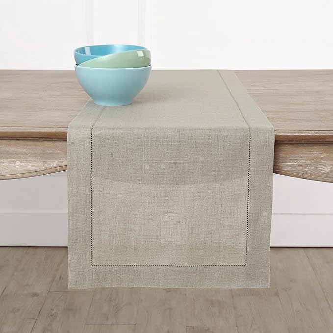 Solino Home Linen Natural Table Runner 72 Inches Long - 100% Pure Linen Hemstitch Table Runner 14 x 72 Inch for Dresser, Dining, Spring, Easter - Classic Hemstitch