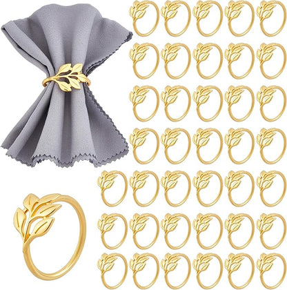 Peacoblue 60Pcs Gold Leaf Rings Holders Modern Stainless Steel Napkin Ring Holders for Table Decor Settings, Vintage Napkin Ring for Wedding Christmas Thanksgiving Day Party