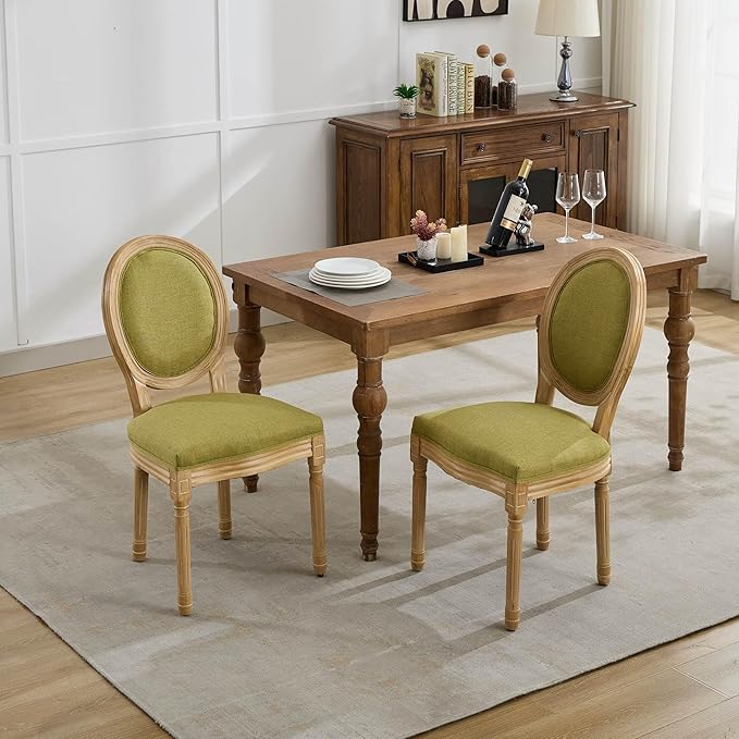 Vintage French Dining Chairs Set of 4, Round Back Upholstered Accent Chairs in Linen Fabric with Solid Wood Frame, Farmhouse Sillas de Comedor for Dining Room & Kitchen, Olive Green